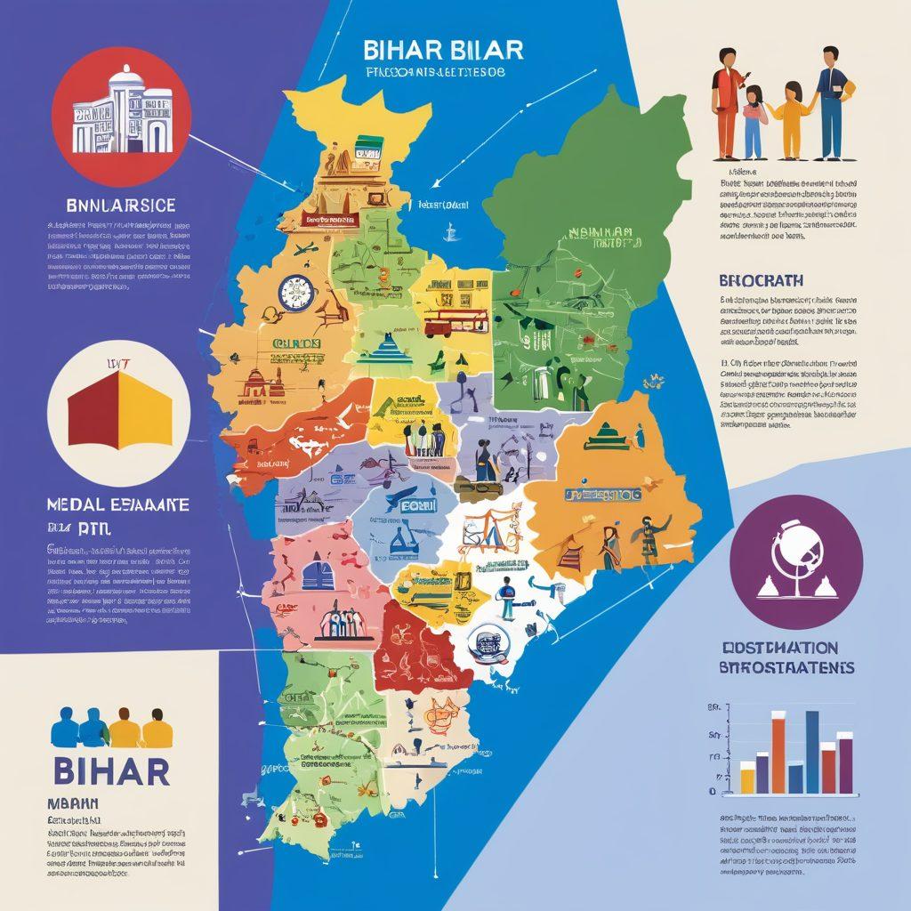 A detailed map of Bihar highlighting key educational institutions and exam score statistics, surrounded by students studying and discussing, with colorful graphs showing academic performance trends. Incorporate elements representing various subjects like math, science, and arts, along with traditional and modern symbols of education. vibrant colors. vector art. educational theme.