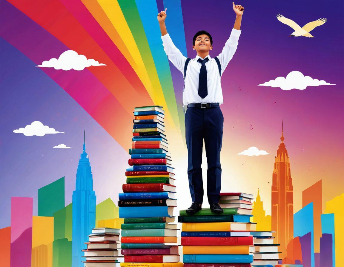 A student standing triumphantly atop a stack of books symbolizing academic achievement, surrounded by colorful charts of examination results and educational insights. The backdrop features iconic landmarks of Bihar, combining traditional and modern elements. Include inspirational quotes floating in the air, conveying the essence of success. vibrant colors. super-realistic. motivational theme.