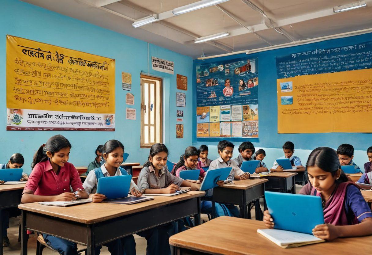A dynamic classroom scene in Bihar showcasing students actively engaging with digital resources such as tablets and laptops, highlighting vibrant posters about scholarships and educational updates on the walls. Include diverse students collaborating and celebrating academic achievements, with books and learning materials spread around. Capture a sense of optimism and progress in education. super-realistic. vibrant colors.